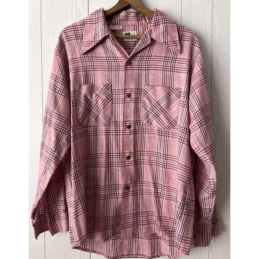 1970's Mr Dee Cee Shirt Mens‎ Pink Crooner Disco MCM Plaid Large 16 1/2 Vintage